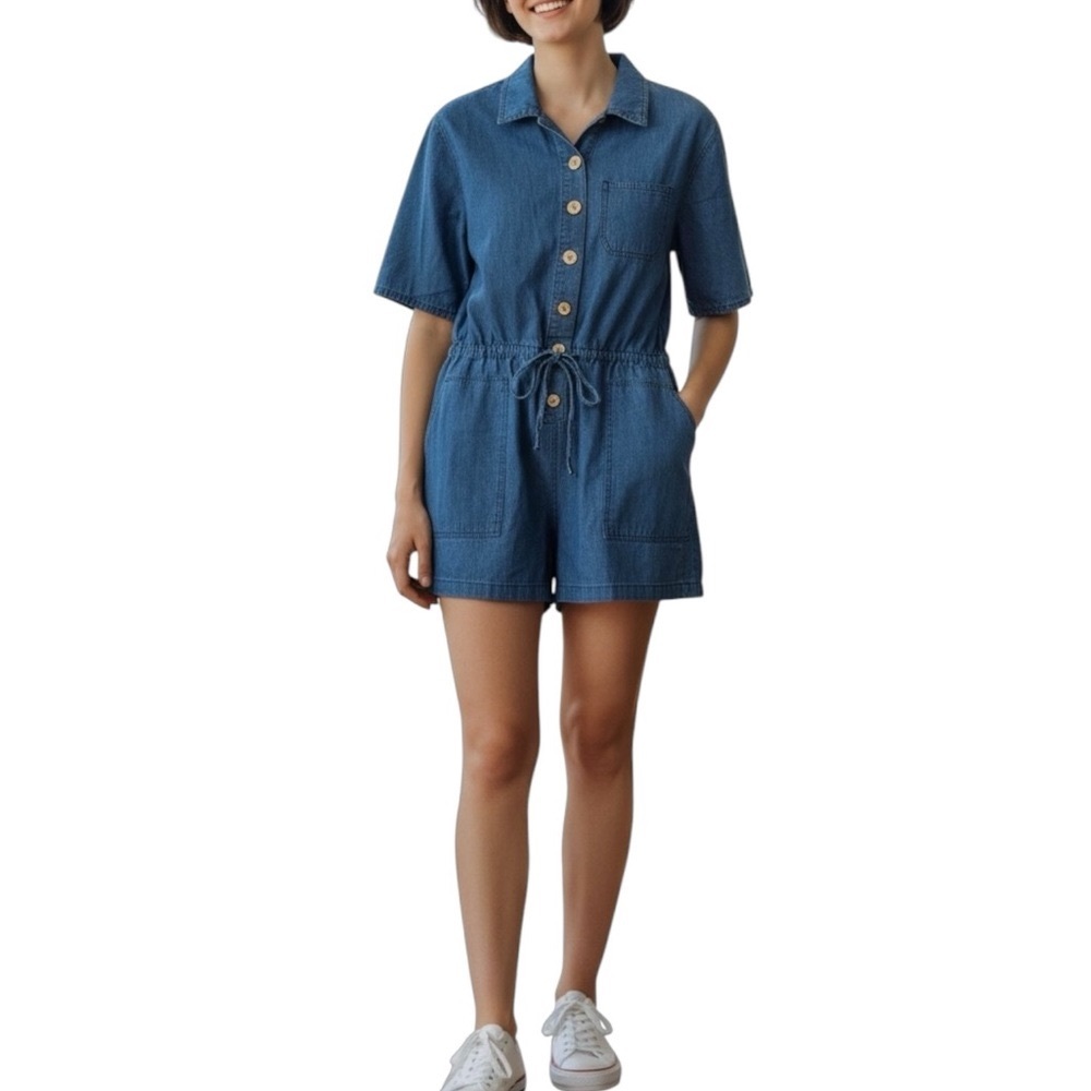 OAT New York Denim Romper Women Large Short Sleeve Button Up Collard 100% Cotton